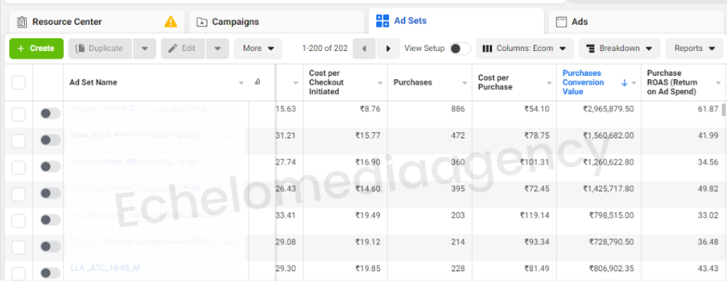 Facebook Ads Dashboard Ad Set ROAS Results